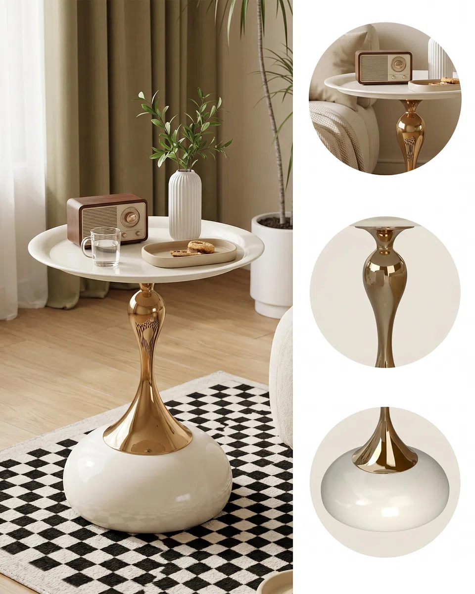 Mesa Auxiliar Sofa Beige y Dorada para Salón, Mesita de Centro de Diseño en Metal, Set de 2 Mesita Auxiliar Pequeños para Sofá o Dormitorio, Side Table de Jardín Exterior, 40x53cm