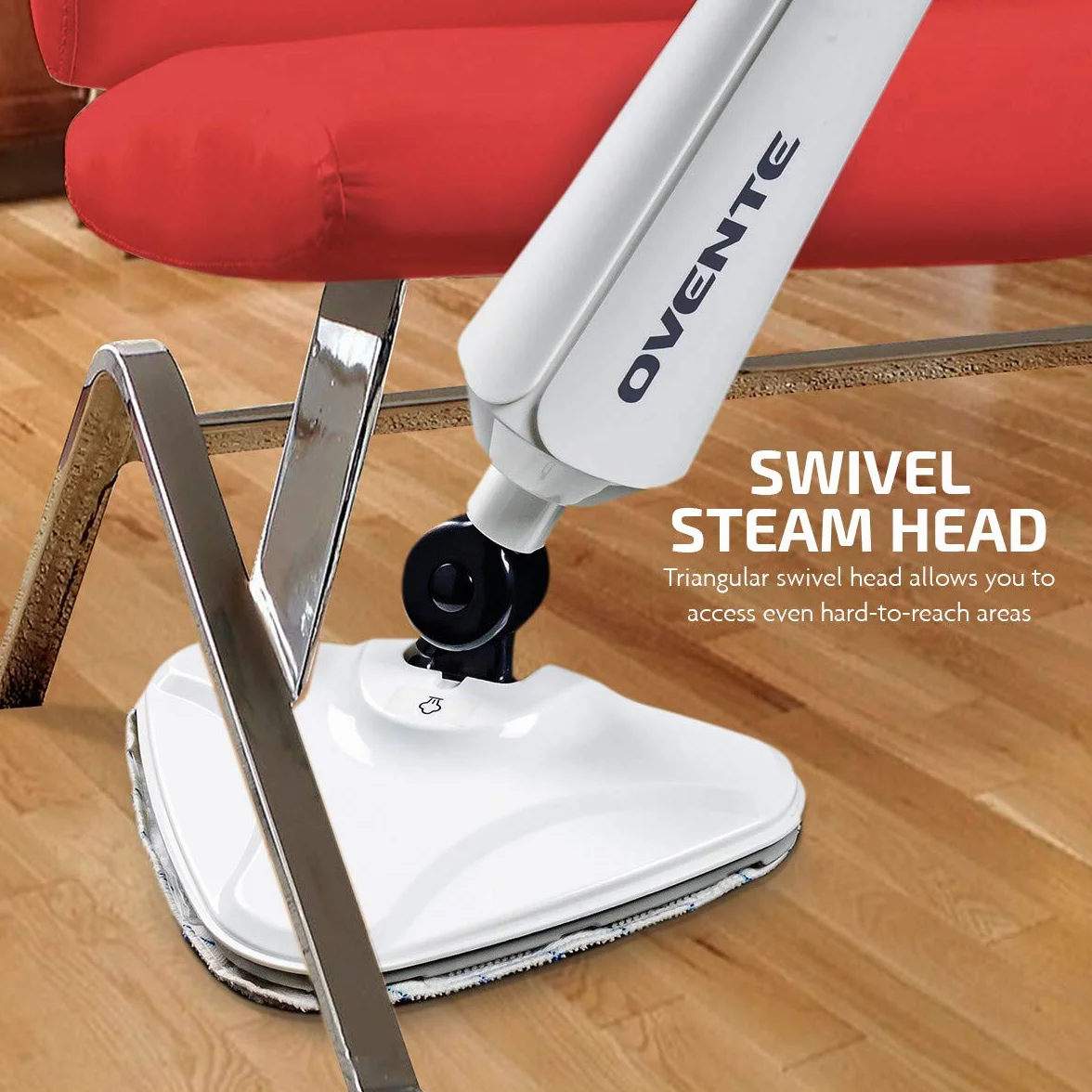OVENTE Limpiador eléctrico a vapor, vaporizador de 1300 W para limpiar azulejos y suelos de madera dura con cabezal giratorio, tanque de agua recargable y almohadilla de microfibra, ideal para