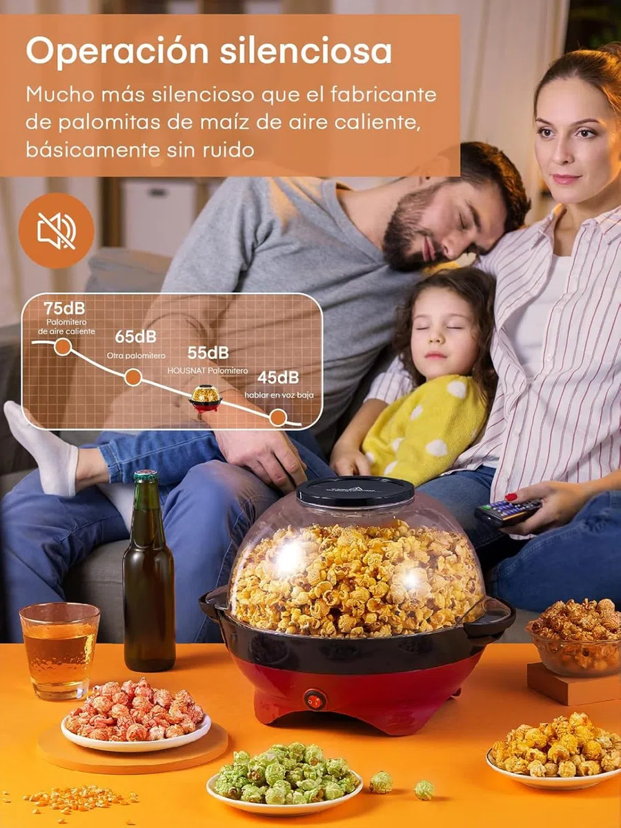 HOUSNAT Palomitero, 5.5L/180g, 800W Máquina de Palomitas Aceite Caliente con Revestimiento Antiadherente y Plato de Calentamiento Extraíble, Silenciosa y Rápida, 2 Tazas Medidoras