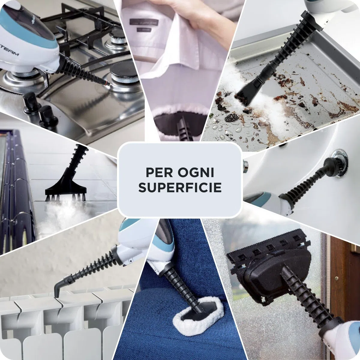 Ariete 4164, Steam mop 10 en 1, mopa a vapor, 1500 w, autonomía ilimitada, depósito 350 ml, altura regulable, mango extraíble, cabezal pivotante, color blanco azul