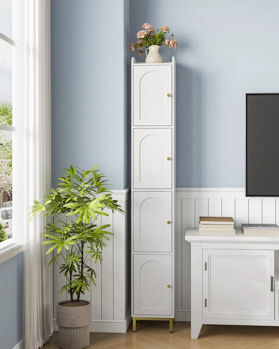 Hzuaneri Mueble Columna de Baño, Armario de Almacenaje, 4 Estantes Ajustables y 4 Puertas, con Patas Ajustables, Apto para baños, Sala de Estar, 26 x 28 x 180 cm, Blanco BC43313G