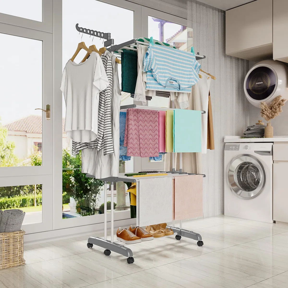 johgee Tendedero con Ruedas, Base Plegable, Ahorro de Espacio, Tendederos Plegables, Tendedero Vertical con 6 alas Plegables y 2 alas Laterales, para Uso Interior y Exterior, Gris