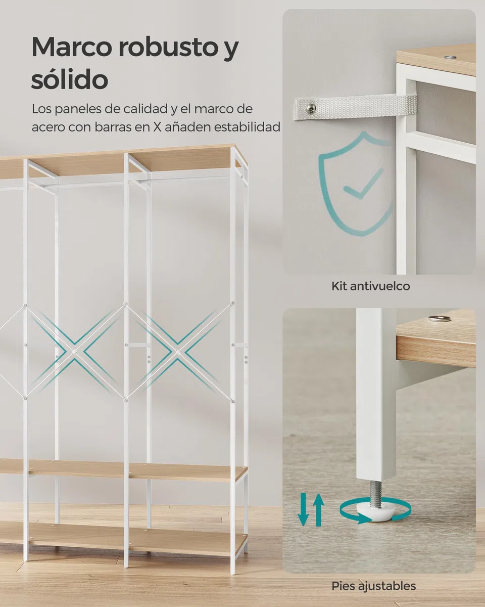 SONGMICS Armario de Ropa Portátil, Armario Plegable, Perchero, Organizador Armario, con Barras de Colgar, Estantes de Almacenamiento, Ganchos Extraíbles, 40 x 141 x 180 cm, Beige Natural RGR005W67
