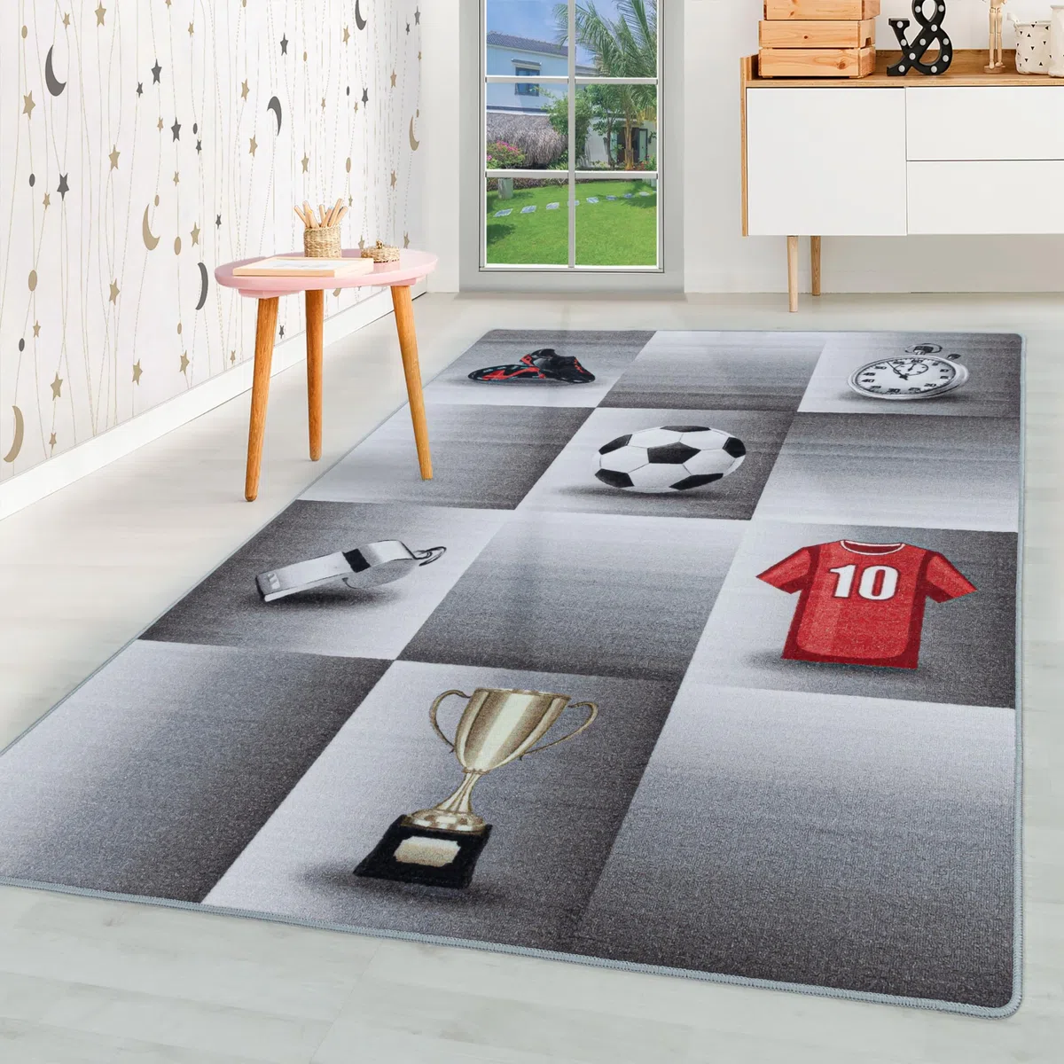 HomebyHome Alfombra para niños Pila Corta Diseño de la Copa de la Camiseta de fútbol Habitación de los niños de los bebés Suave y Lavable Rectangular Chico Gris, Color:Gris, Tamaño:160x230 cm
