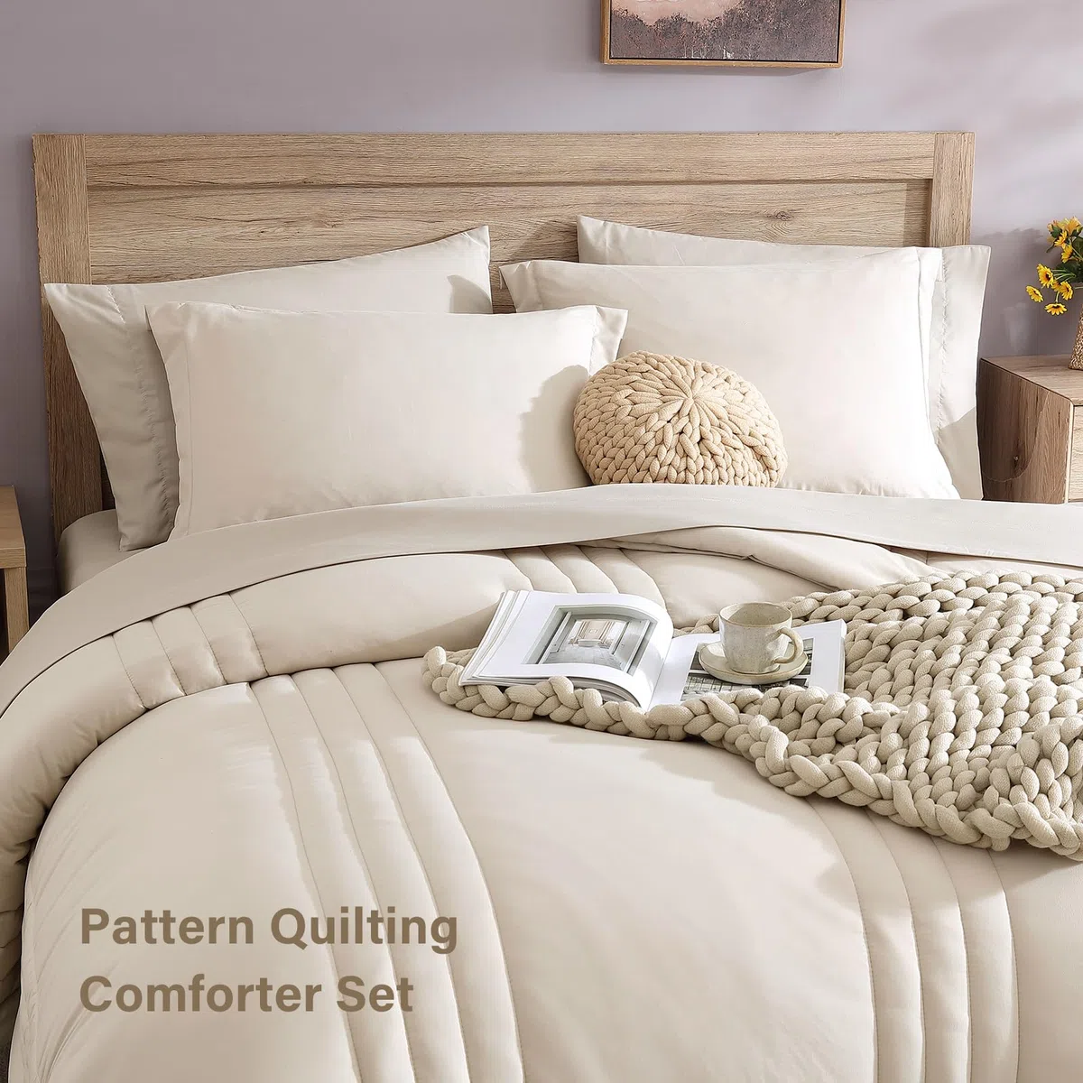 Monbix Juego de edredón tamaño Queen, Juego de Ropa de Cama Queen de 7 Piezas, edredones para Todas Las Estaciones, Juego de Cama Esponjoso, Cama cálida en una Bolsa, tamaño Queen con sábanas (Beige