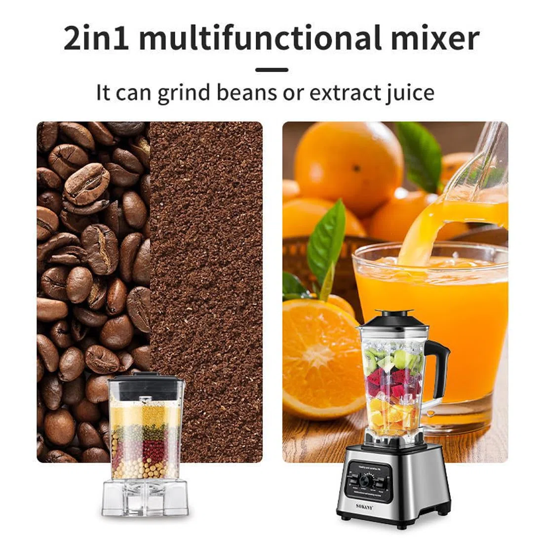 SOKANY SK-999 6000W Mezcladora de alto rendimiento, 15 velocidades, dos en uno [mezcladora y batidora 2.5l, trituradora de café], función de rotura de hielo, función de autolimpieza (SK-999, 6000W)