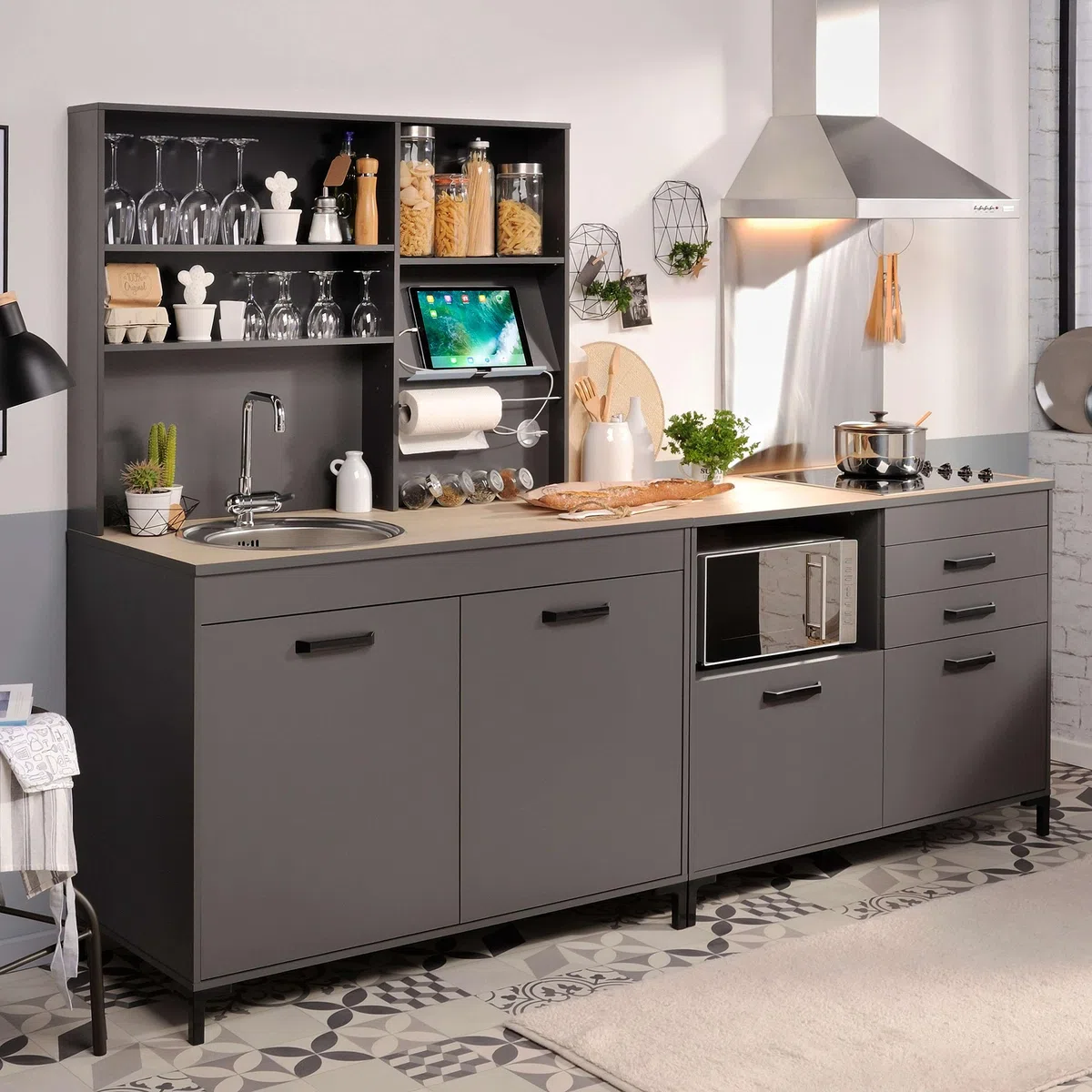Miroytengo Módulo Inferior de Cocina Smoke Estilo Industrial en Color Gris y Roble con 2 Puertas 118 cm