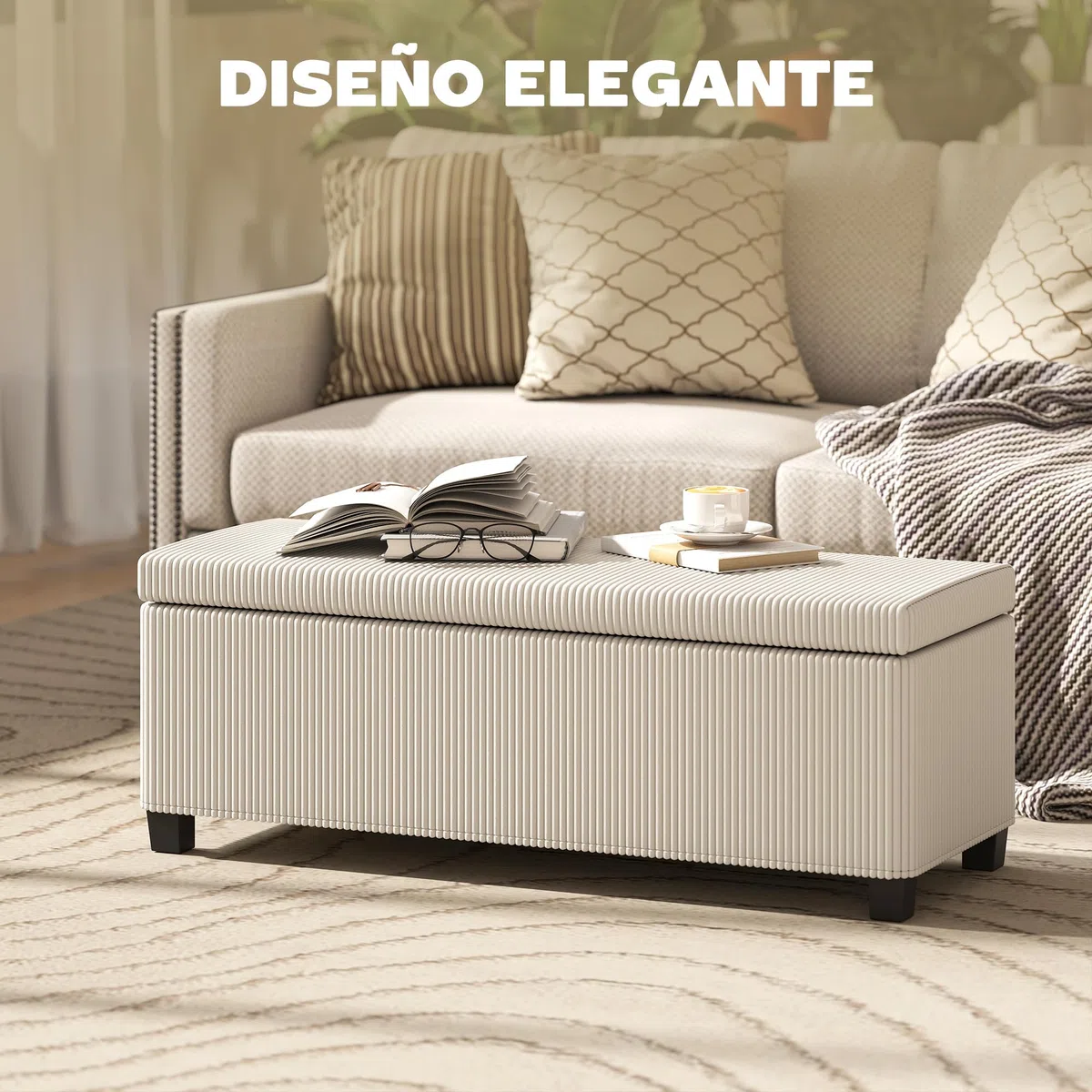 HOMCOM Puff Almacenaje, Banco Almacenaje, Capacidad de 84 L, 112x42x40 cm, Taburete Reposapiés, Tapizado en Pana, Pie de Cama, Carga 220 kg, para Sala de Estar, Dormitorio, Entrada, Beige