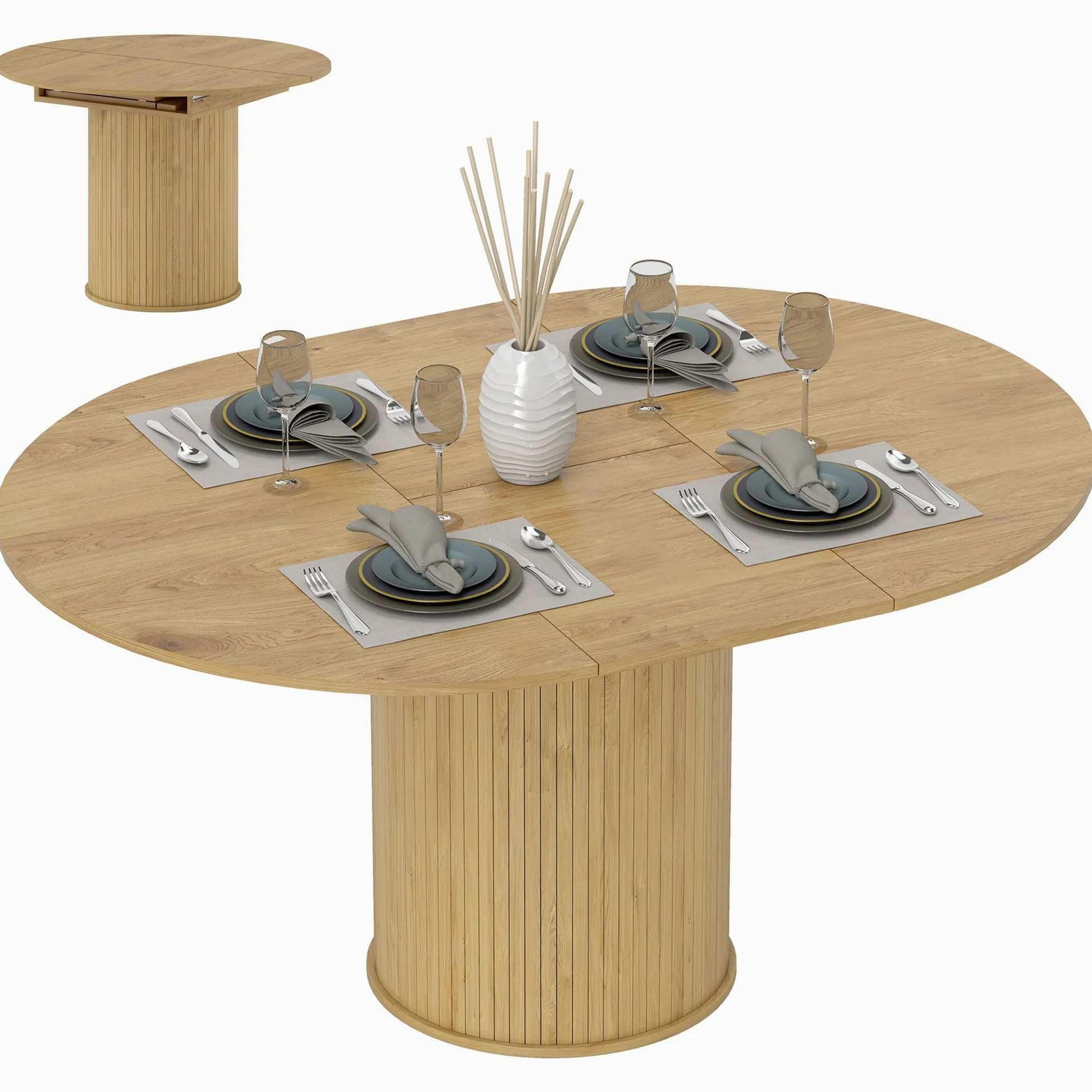 HOMCOM Mesa de Comedor Extensible Redonda, 110-150 cm, Mesa de Cocina Extensible, para 6-8 Personas, con Base Estriada Ancha, para Salón, 110-150x110x75 cm, Madera Natural