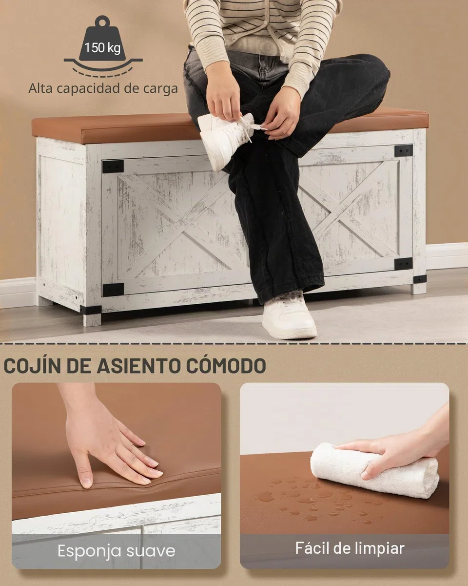 Hzuaneri Banco Zapatero con cojín, Mueble Zapatero Entrada con Puertas, 8 Pares de Zapatos, 35 x 100 x 49 cm, Entrada, Dormitorio, Sala de Estar, Blanco y marrón SB26614KA