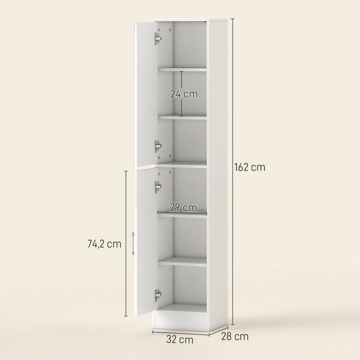 kleankin Armario para Baño Alto Mueble Columna de Baño con Espejo 2 Puertas y Estantes Interiores Ajustables Multiusos para Cocina Salón 32x28x162 cm Blanco