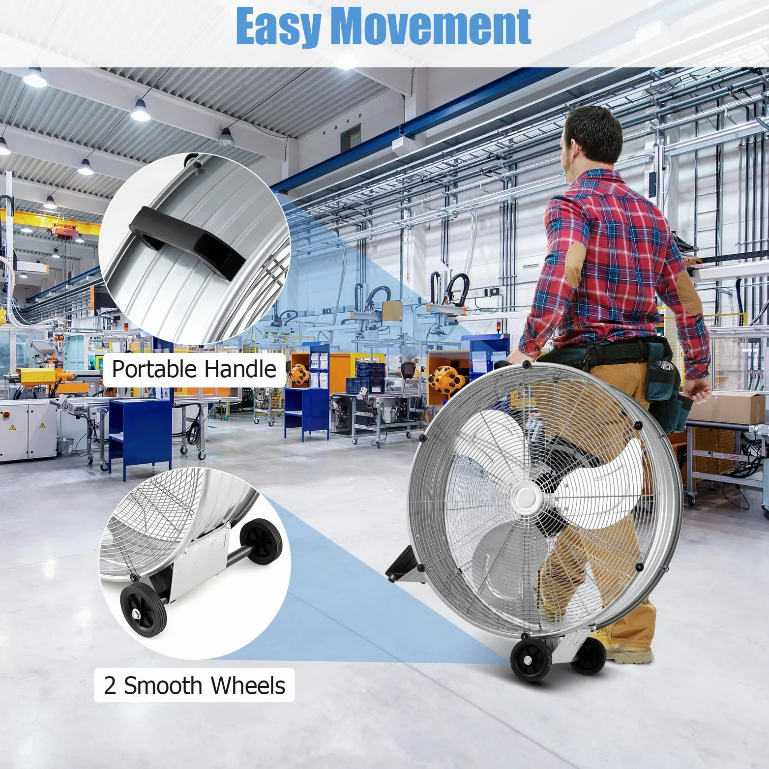 SOARS Ventilador Industrial Ø65cm, 180W, 3 Velocidades - Con Ruedas, Asa Lateral y Soporte Antideslizante - Ideal para Almacén, Taller y Bodega (Plata)