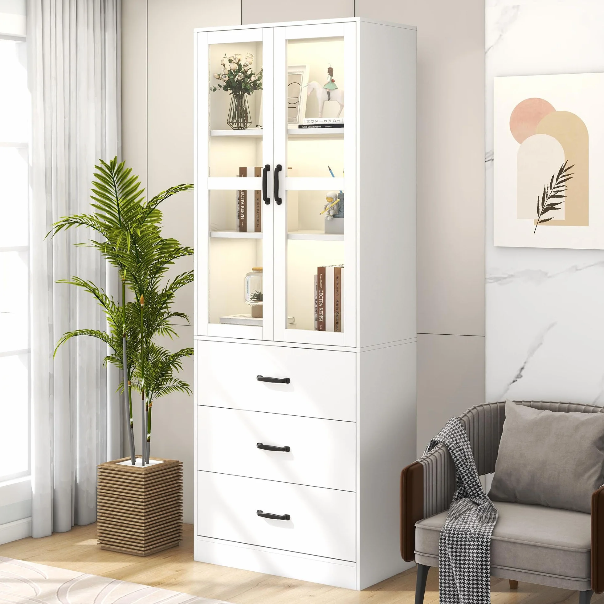 Vitrina blanca, estantería con puertas, armario de cocina grande, armario de despensa, estantería de lujo con luz LED, armario de vitrina con estantes para sala de estar, dormitorio (60 W x 40D x 200