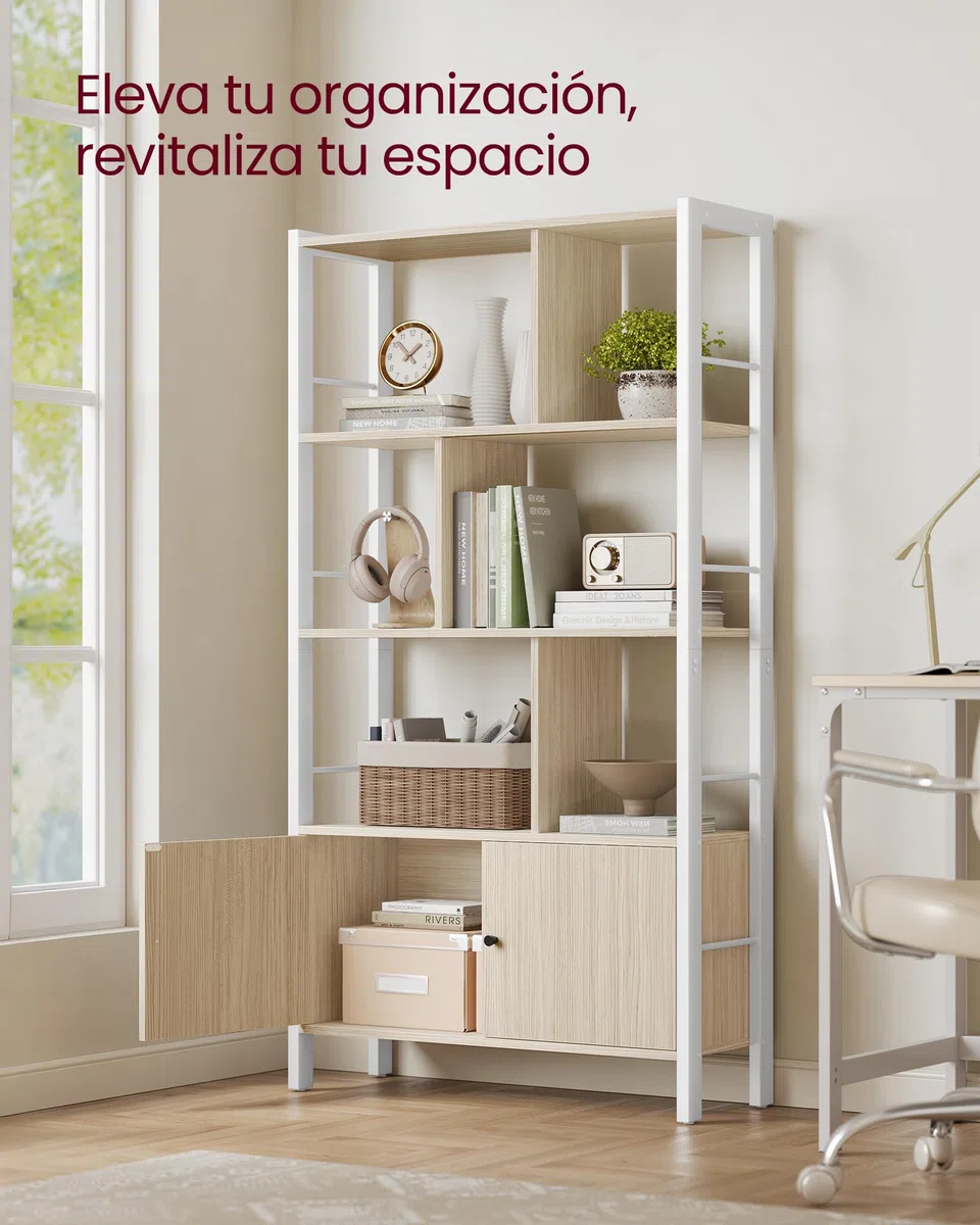 VASAGLE Biblioteca, Librería de 4 Niveles, Estantería con Puertas, Armario de Libros, Marco de Acero, para Salón, Estudio, Oficina, Cocina, Moderno, Beige Natural y Blanco Nube LBC022LL01