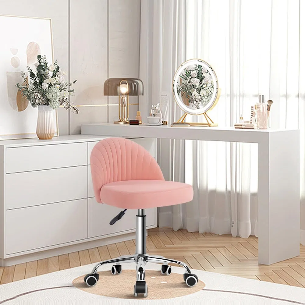 KKTONER Taburete giratorio de terciopelo con ruedas y respaldo ajustable en altura para dormitorio, hogar, maquillaje, cosméticos (rosa)