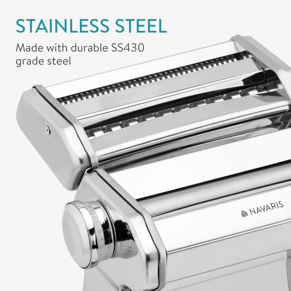 Navaris Maquina para Hacer Pasta - Maquina Pasta Fresca con Grosor Ajustable 0,5 a 3 mm - Cortador Pasta rellena Espaguetis tallarines lasaña - Pasta Maker de Acero Inoxidable