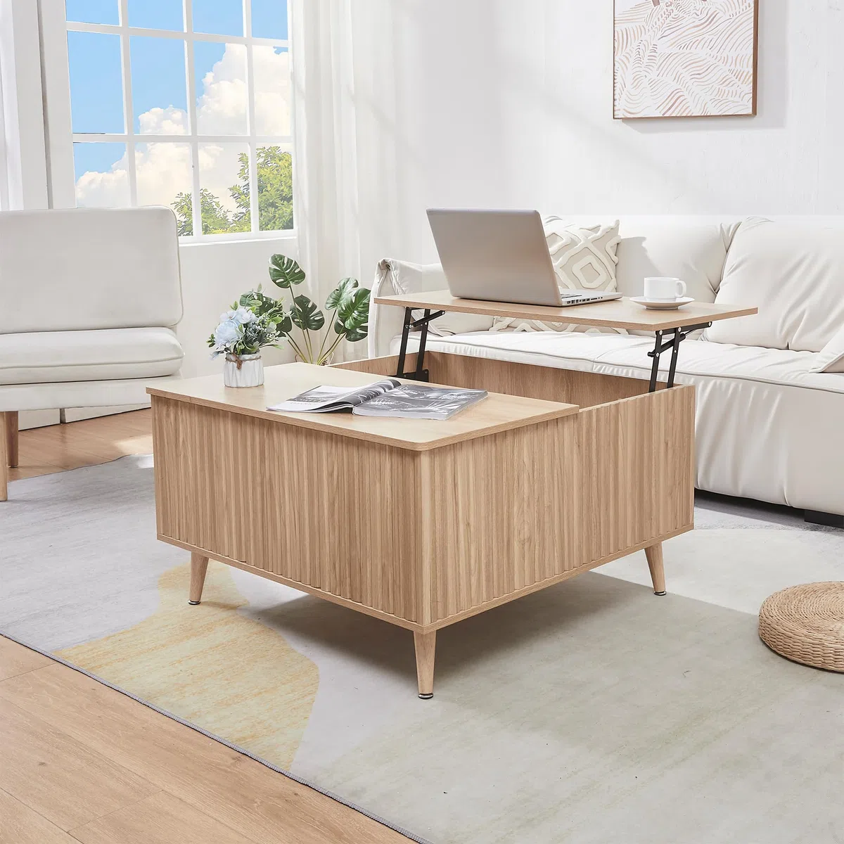 Mesa de centro cuadrada con estante extensible, mesa de centro de altura ajustable con espacio de almacenamiento y superficie acanalada para sala de estar, oficina en casa, estudio o escritorio.