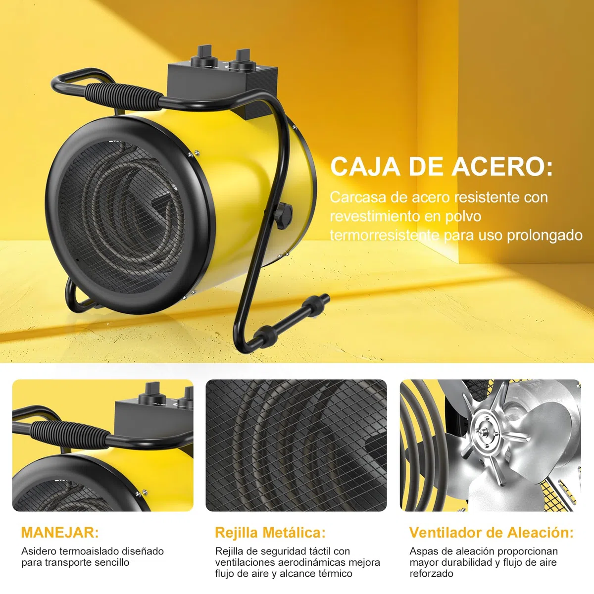 Calefactor Industrial 3000W - Calentador Aire Caliente Portatil - con Ajuste de ángulo de 0 a 25° y Termostato - Apto para Construcción, Garaje e Invernadero