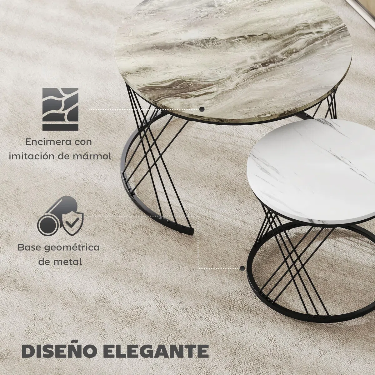 HOMCOM Juego de 2 Mesas Nido Mesas de Centro para Salón Redondas con Tablero con Diseño de Mármol Marco de Metal para Sala de Estar Dormitorio Gris y Blanco