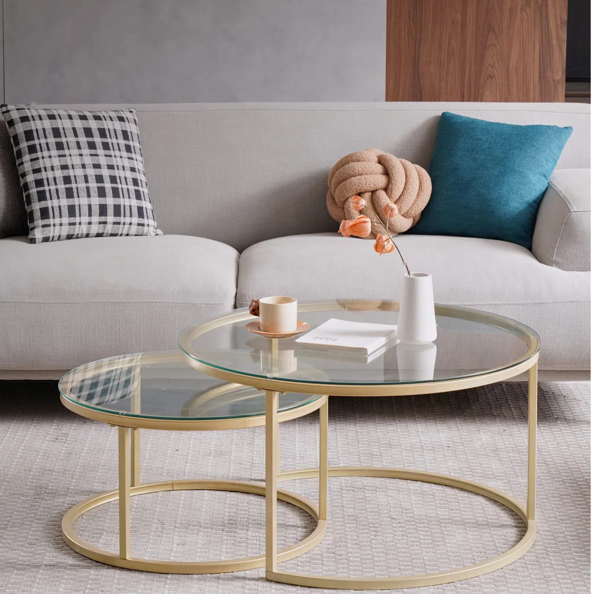 Conjunto de 2 Mesas de Centro Redondas, Mesas de Centro, Grande: 60 x 60 x 45 cm; Pequeña: 40 x 40 x 35 cm, Mesa Auxiliar Redonda, Tapa de Mesa de Vidrio Templado, Dorado Y Vidrio