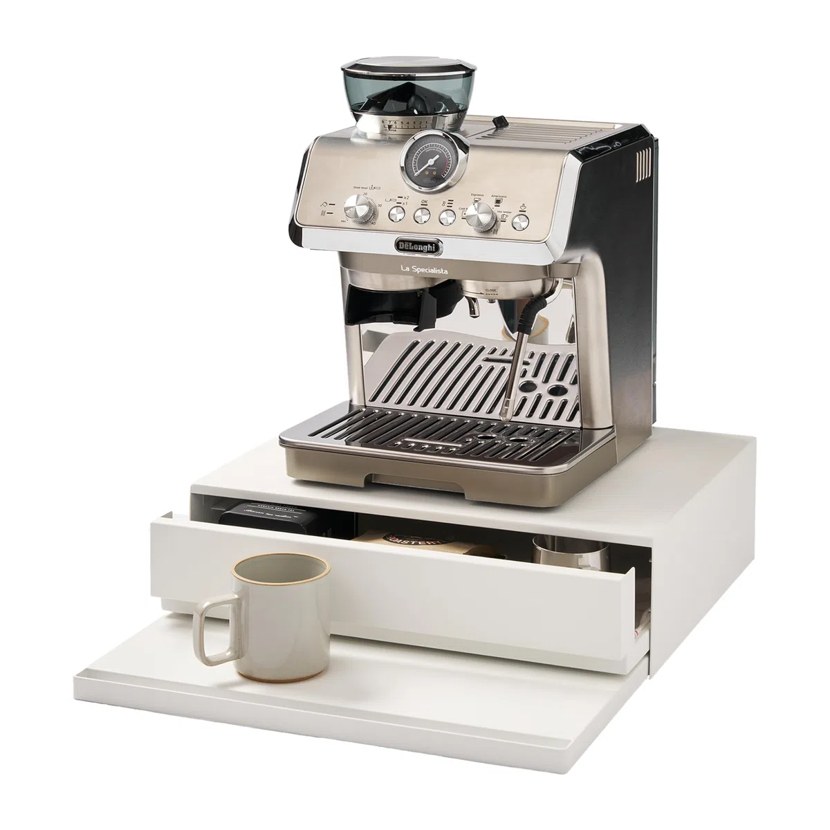 YAMAZAKI 2007 Tower Sliding Countertop Tray with Drawer, White, Steel/Polypropylene/Silicone, 45 x 39.3~64 x 13.5 cm