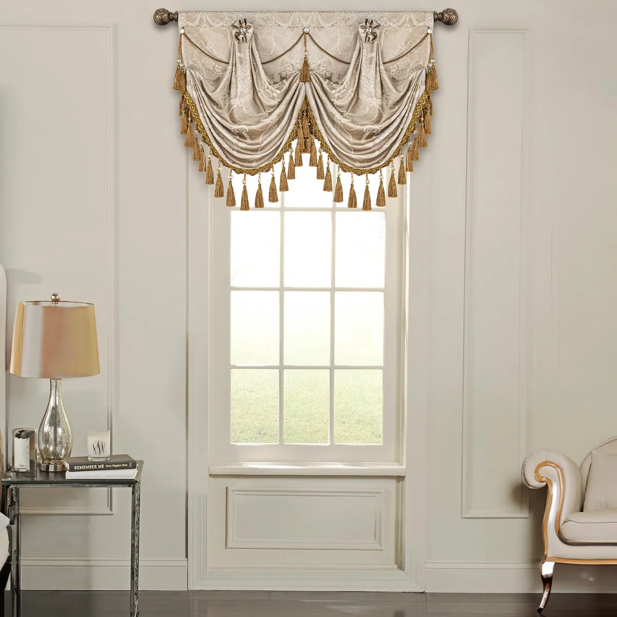 Cenefa para Ventanas, Cenefa de Cascada Damasco con Borlas, Cortina Corta para Dormitorio, Salón, Cocina 1 Pieza (Ancho 100cm, Arena)