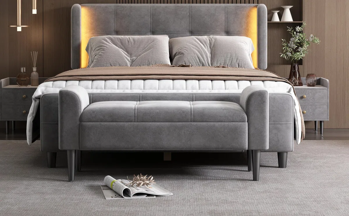 Bancos tapizados con reposabrazos, reposacabezas, cama, taburetes, cama para dormitorio, bancos de piano, comedor con estampado acolchado, terciopelo, tablero DM, gris