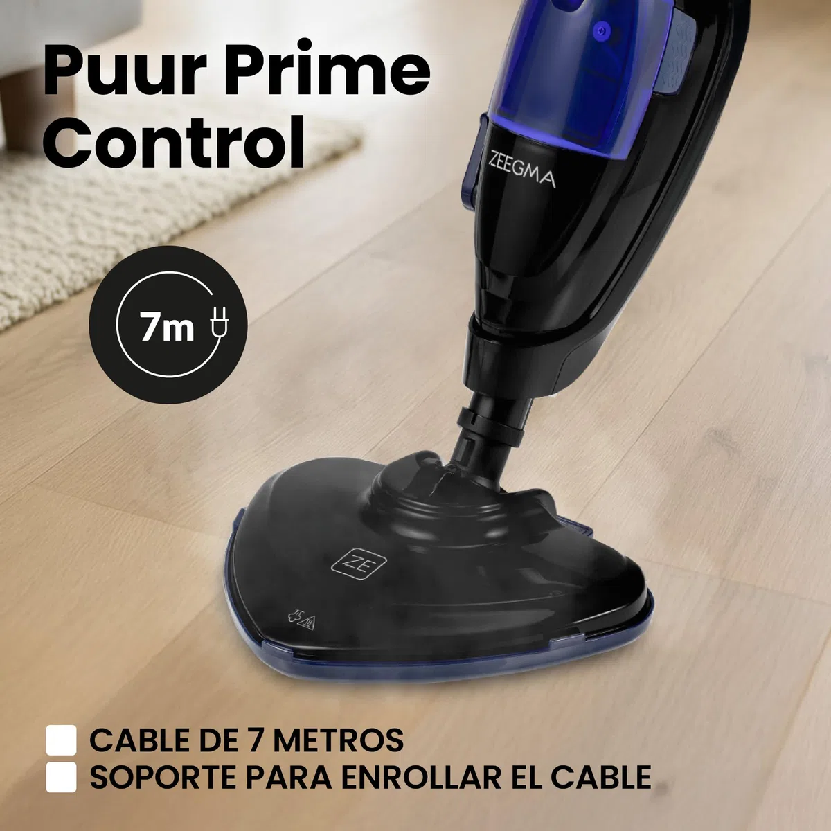ZEEGMA Puur Prime Control – Mopa de Vapor 2 en 1 con 13 Accesorios, 1500 W, Depósito Extraíble 400 ml, Calentamiento 20 s, 3 Niveles de Vapor, Cabezal Giratorio, Cable 7 m – Limpieza sin Químicos