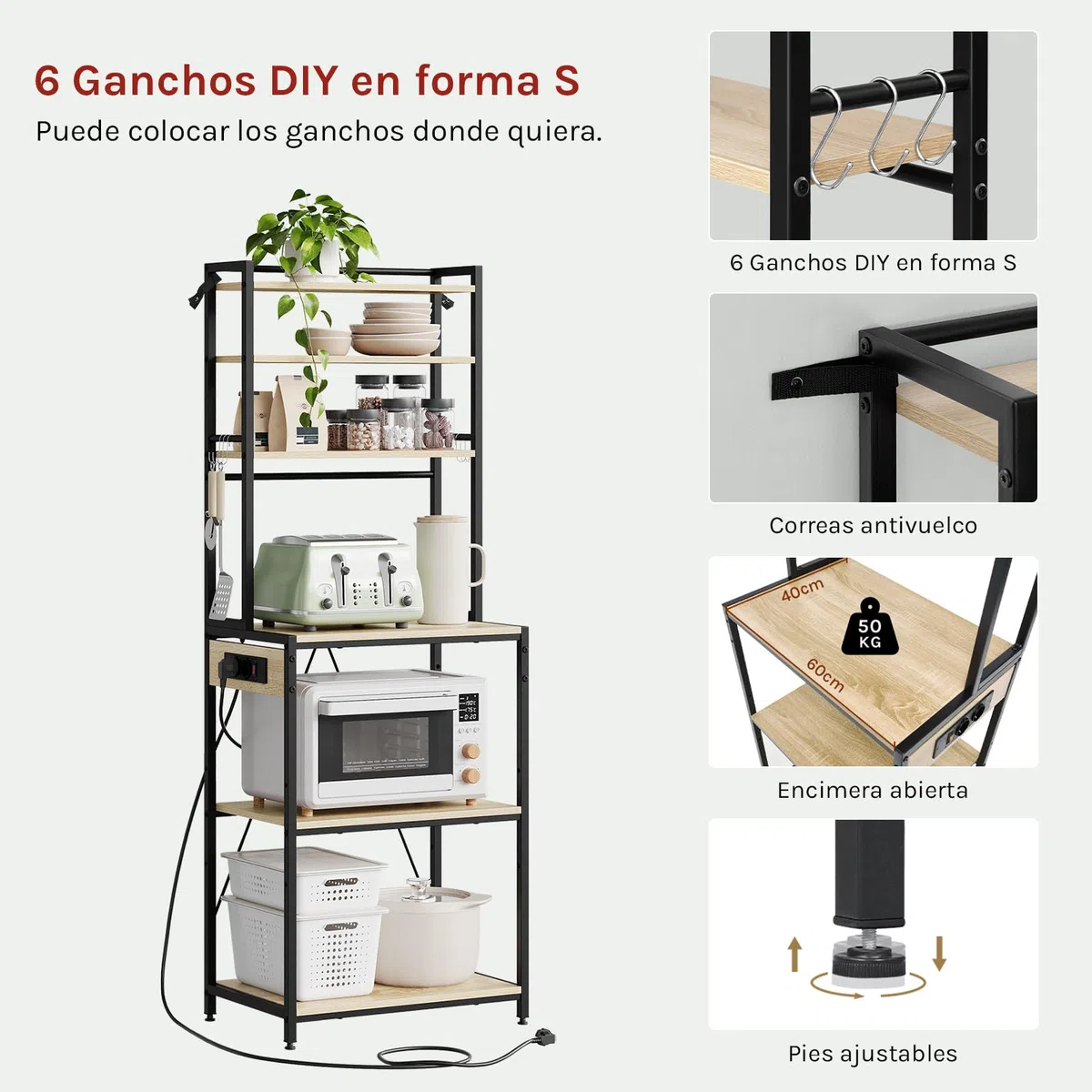 WOLTU Estantería Cocina con Enchufes, Soporte para Microondas con 6 Estantes y 6 Ganchos, Estanteria Almacenaje para Cocina Baño Salón, Metal+Madera, Negro+Roble Claro, 60x39,5x167 cm