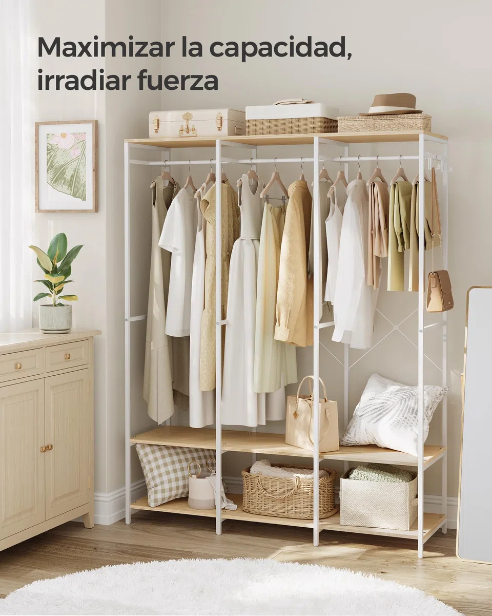SONGMICS Armario de Ropa Portátil, Armario Plegable, Perchero, Organizador Armario, con Barras de Colgar, Estantes de Almacenamiento, Ganchos Extraíbles, 40 x 141 x 180 cm, Beige Natural RGR005W67