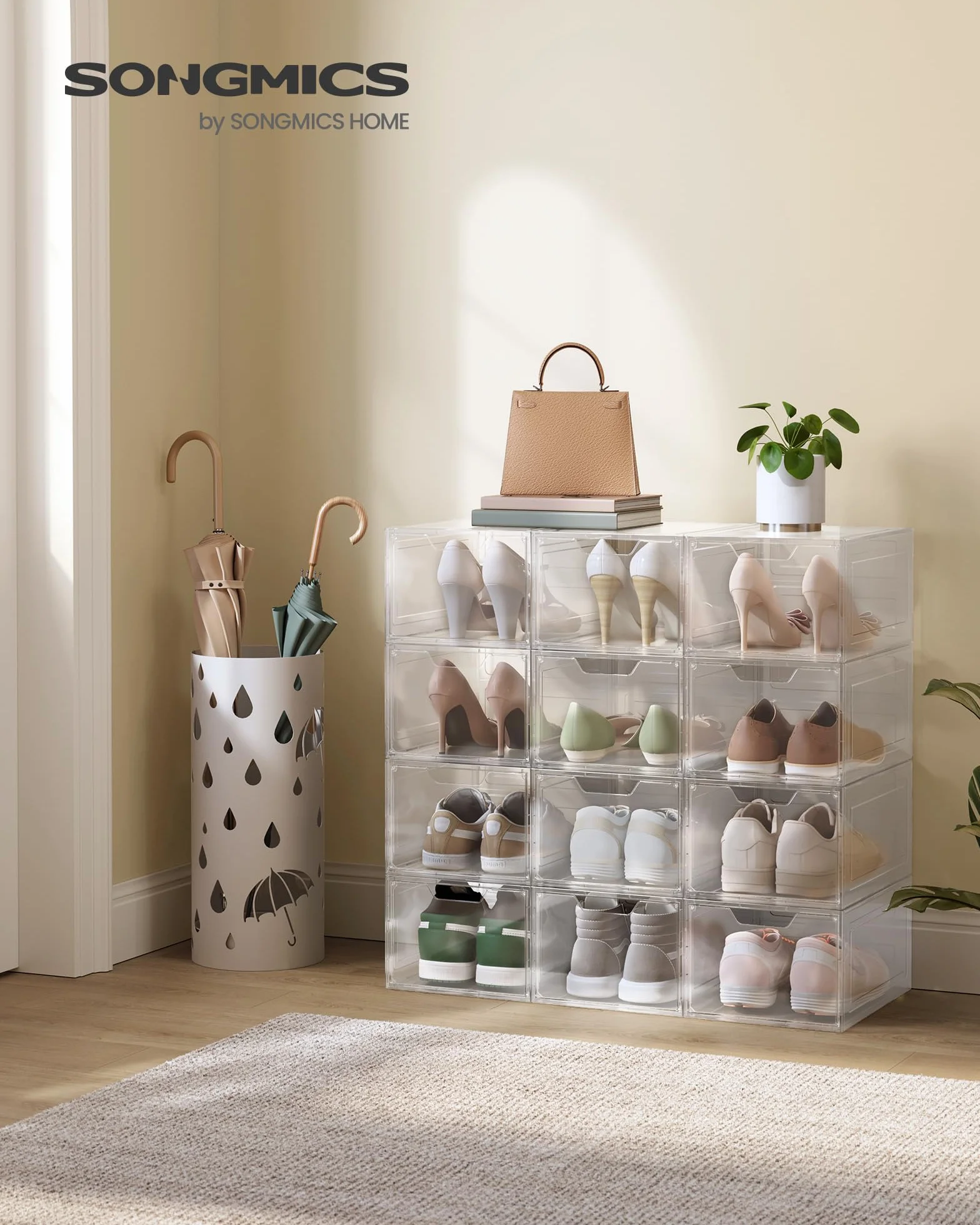 SONGMICS Cajas de Zapatos, Cajas Plástica Apilable para Zapatos, Juego de 12 Organizador de Zapatos, Ahorro de Espacio, Fácil Montaje, 34 x 25 x 18,4 cm, Hasta Talla 44, Blanco Transparente