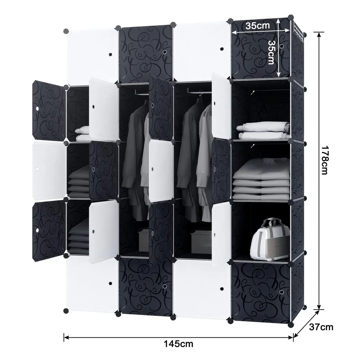 Froadp Armario plegable de 178 x 145 x 35 cm, sistema de estanterías de plástico, armario con 20 compartimentos, sistema de estantería, armario para ropa, zapatos, juguetes, libros, blanco y negro