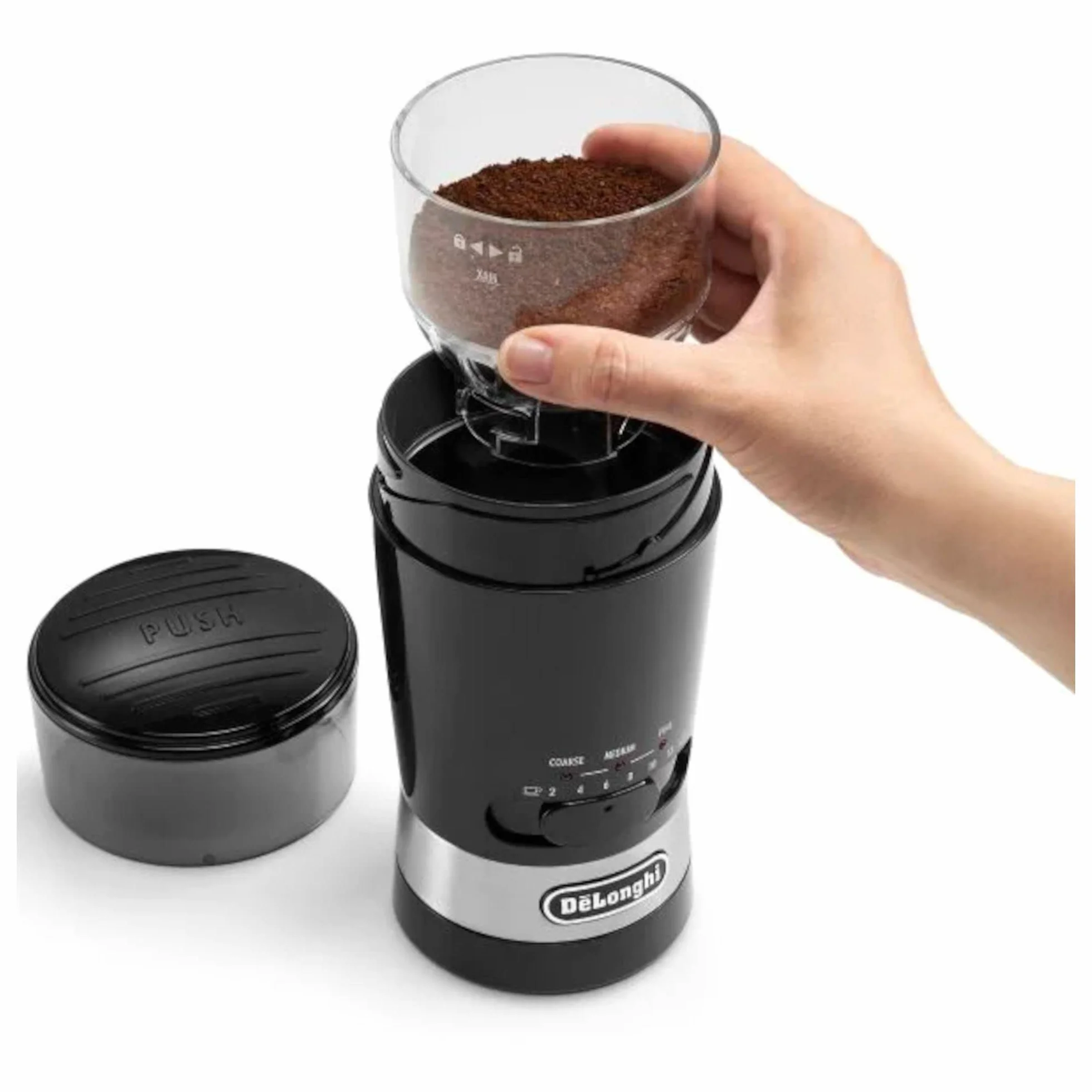 De'Longhi KG210 Molinillo de Café, Capacidad 90 Gramos, Cuchillas de Acero Inóxidable, Capacidad de Tazas Ajustable, Nivel de Molienda Ajustable, Uso Sencillo, 170 W, Color Negro