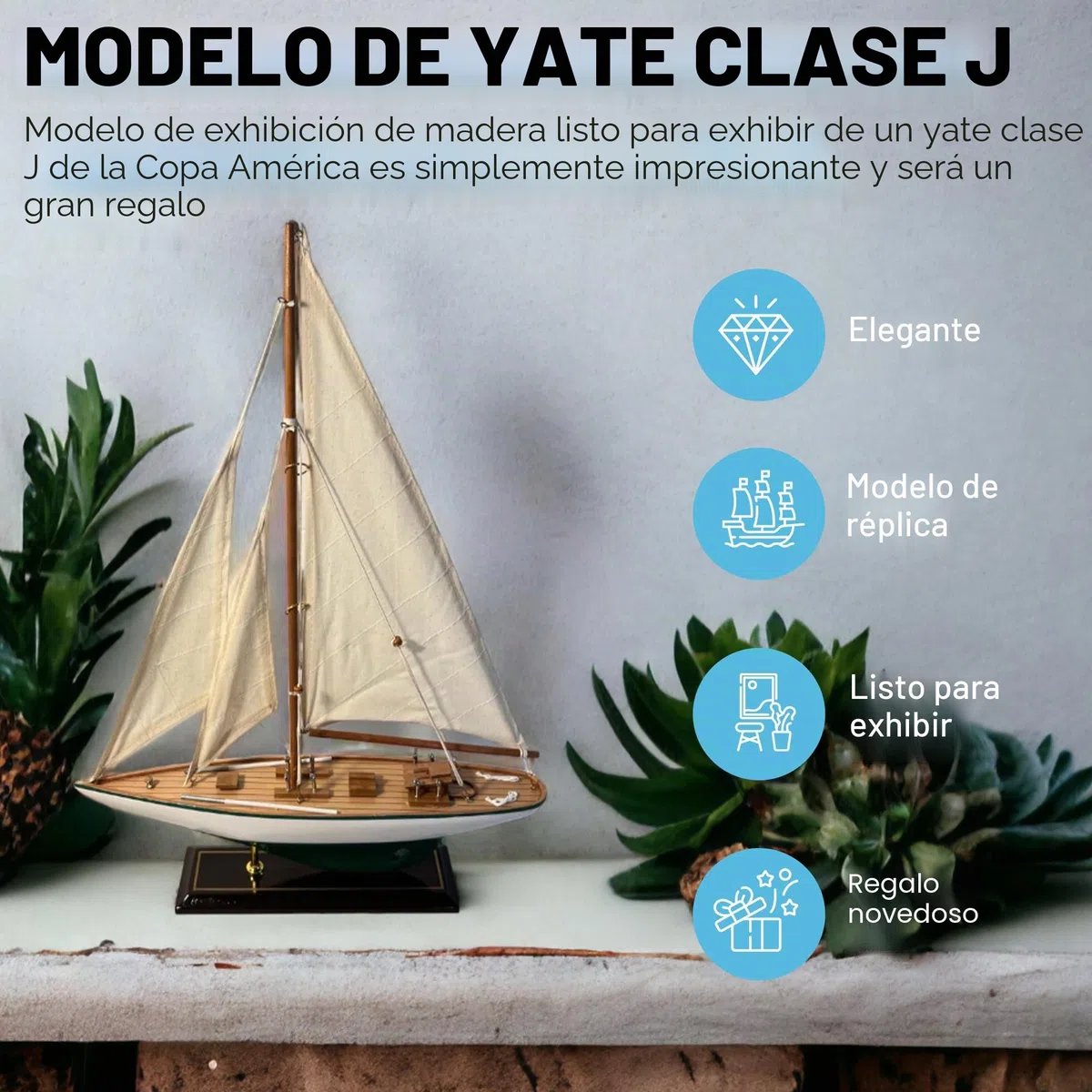 Thorness Detallado 35 cm de largo de madera modelo J Class velero | Yate de carreras de la Copa América | Adorno náutico | Modelo de barco de vela | Modelo de barco totalmente montado