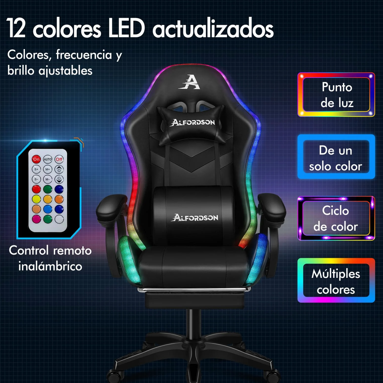 ALFORDSON Silla Gaming con Masaje y LED, Silla Gamer Ergonómica con Cojín Lumbar y Cervical, Reposapiés Telescópico, Iluminación para Juegos, Oficina, Ordenador, Videojuego, Cuero PU(Negra)