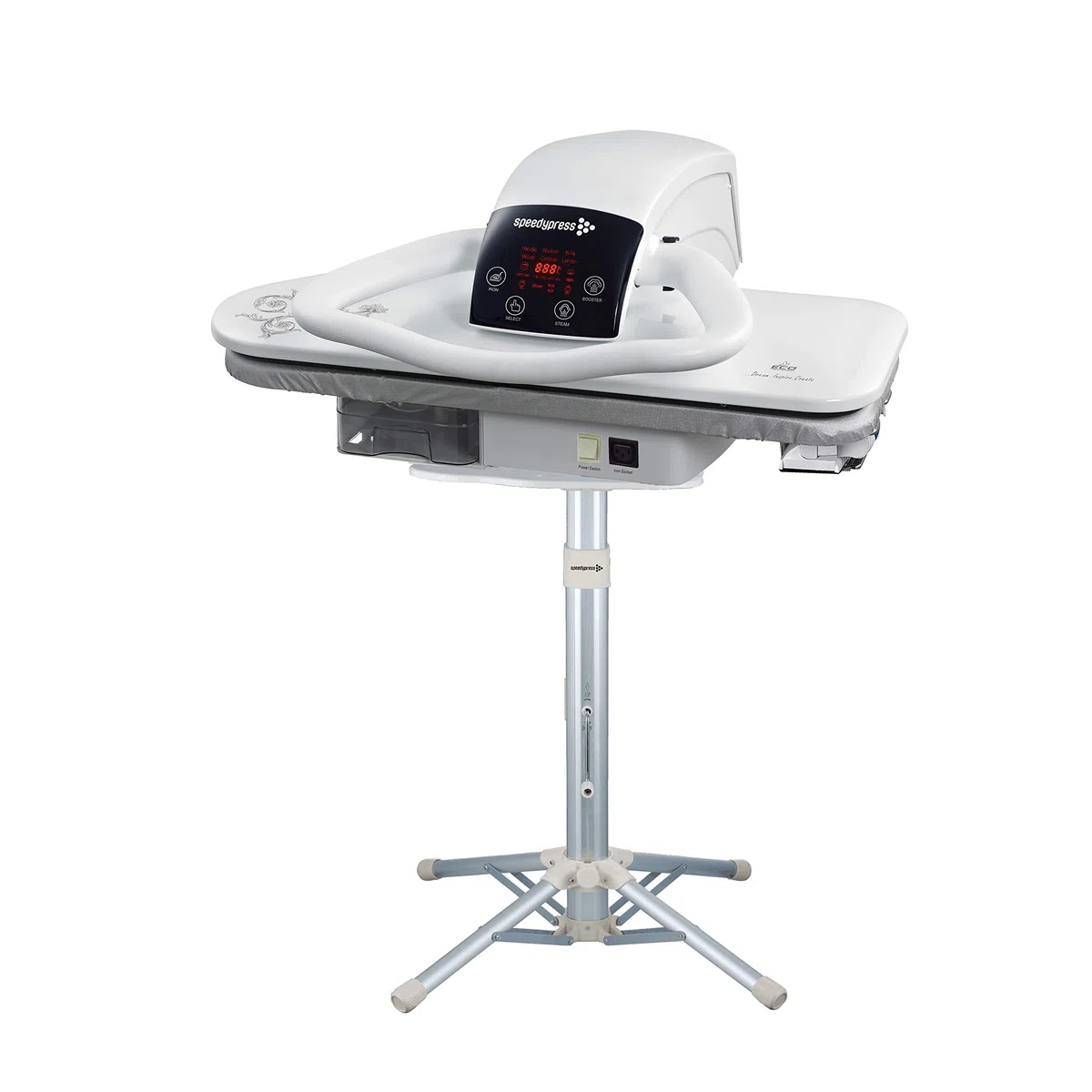 Speedypress - Prensa de vapor 71HD, color blanco, resistente, profesional, 67 cm con soporte (+ accesorio de hierro gratis, filtro de agua antical y cubierta de repuesto y fieltro de espuma)