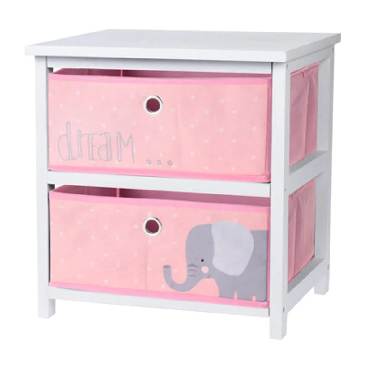 Mesita de noche de madera MDF con 2 cajones para niños, niñas y niños, mueble de dormitorio (elefante rosa)