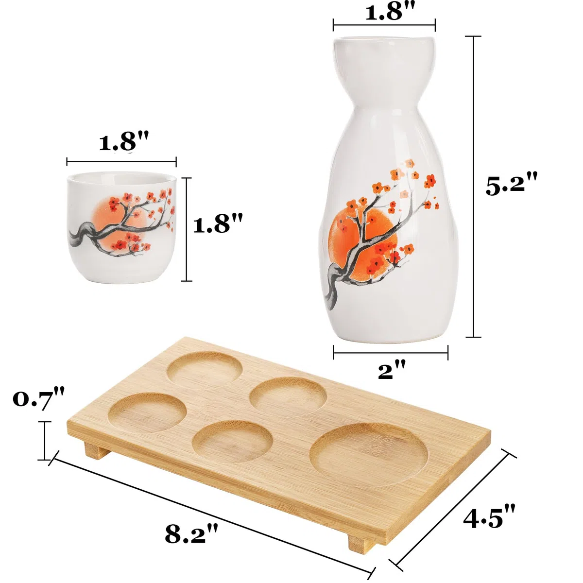 Tosnail Juego de sake japonés de cerámica, 1 jarra para servir, 4 tazas de sake y 1 bandeja de bambú, flor de naranja