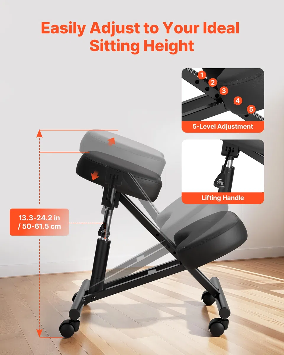 VEVOR Silla Ergonómica de Rodillas con Ruedas, Taburete para Rodillas Postura en Forma de X con Altura Ajustable y Cojines de Espuma Gruesa, Relajarse de Cuello y Espalda para Hogar, Oficina, Negro