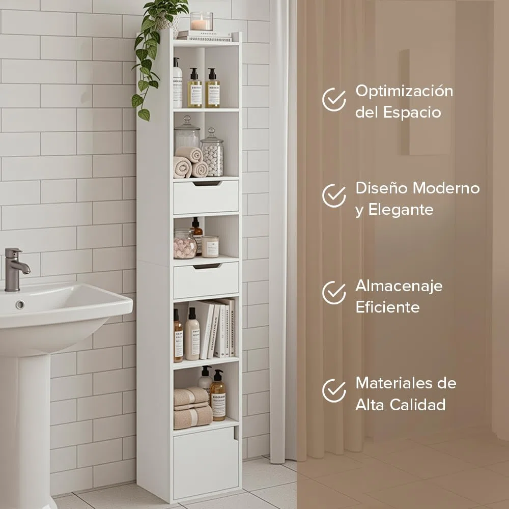 Marctani Libreria Estanteria Blanca con 6 Niveles y 3 Cajones - Estanteria Libros de Madera MDF - Libreria Estrecha y Alta con Almacenaje para Dormitorio, Salon, Baño. Book Shelf 33 x 24 x 181 cm