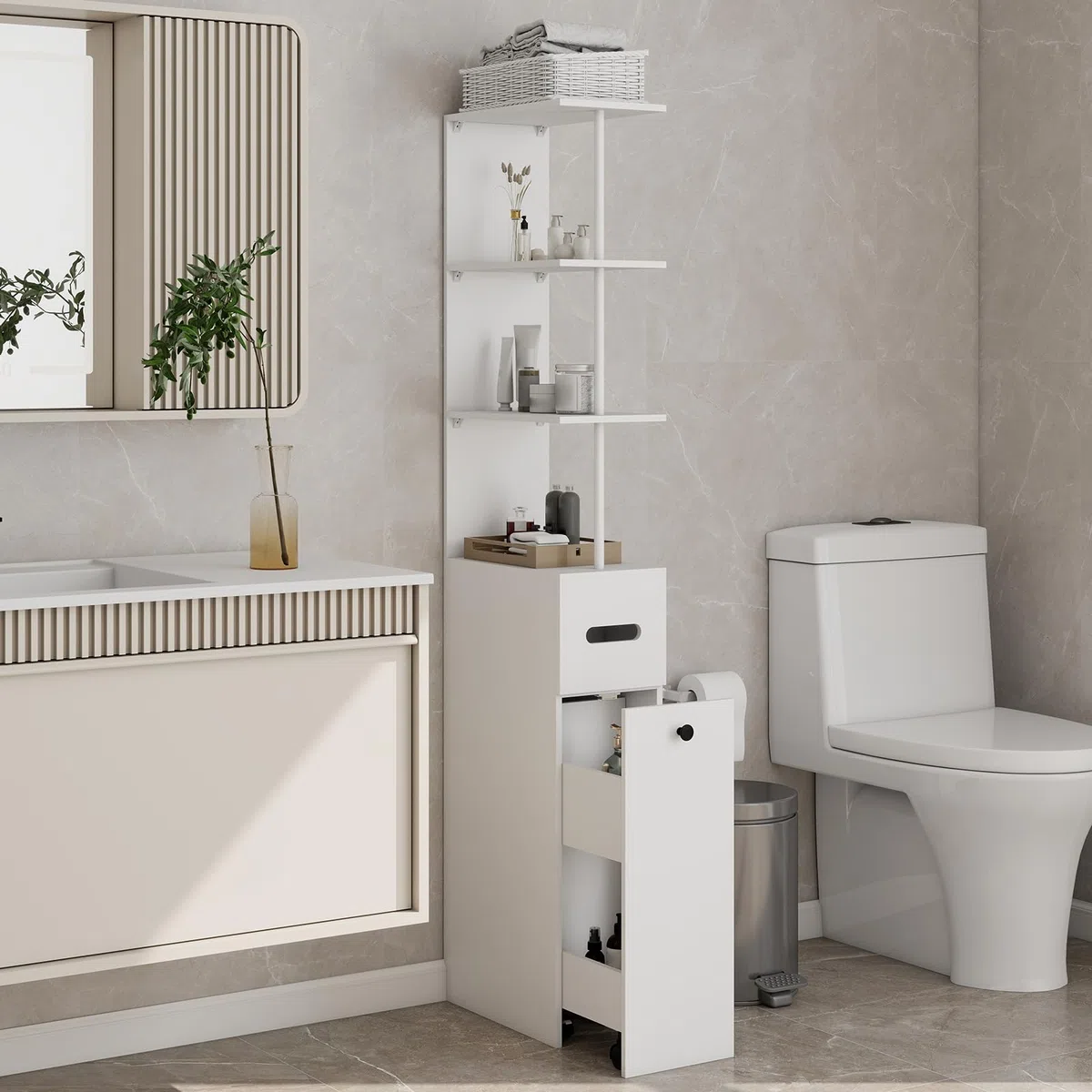 YU YUSING Mueble de Baño Estrecho de 23cm con 2 Cajones 4 Ruedas, Armario Alto Independiente con 3 Niveles Abiertos 167cm, Columna de Baño Blanco, Moderno para Salón Aseo Dormitorio