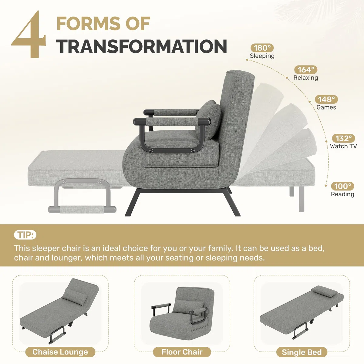 Hawthyhome Sillón Cama 4 en 1, sofá Cama, Cama para Invitados Que Ahorra Espacio, sillón Relax con Respaldo Ajustable, Capacidad de Carga de 150 kg, Gris Oscuro