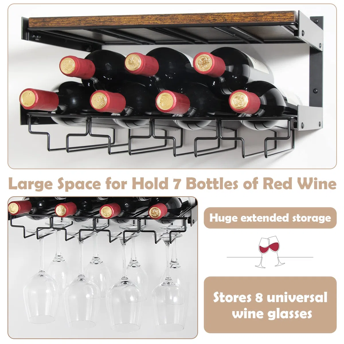 B4Life Estante para Vino montado en la Pared con Estante para Copas, Estante para Copas de Vino montado en la Pared, Estante Industrial para Copas de Vino con Soporte para Copas de Vino