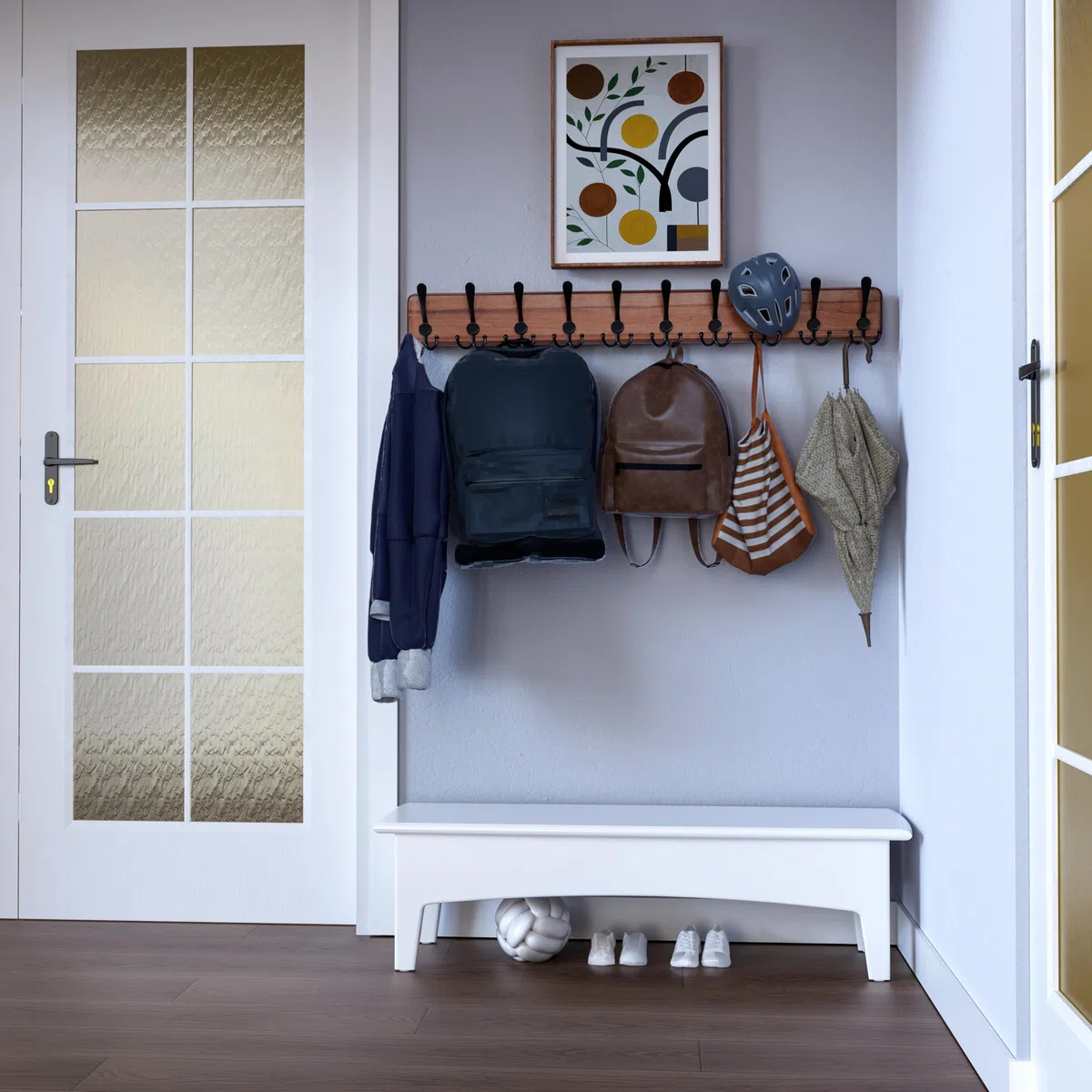 SKOLOO Percheros Pared Madera con 10 Ganchos- 97 cm, Pino, Perchero de Pared para Entrada Recibidor Dormitorio Salon, Marrón