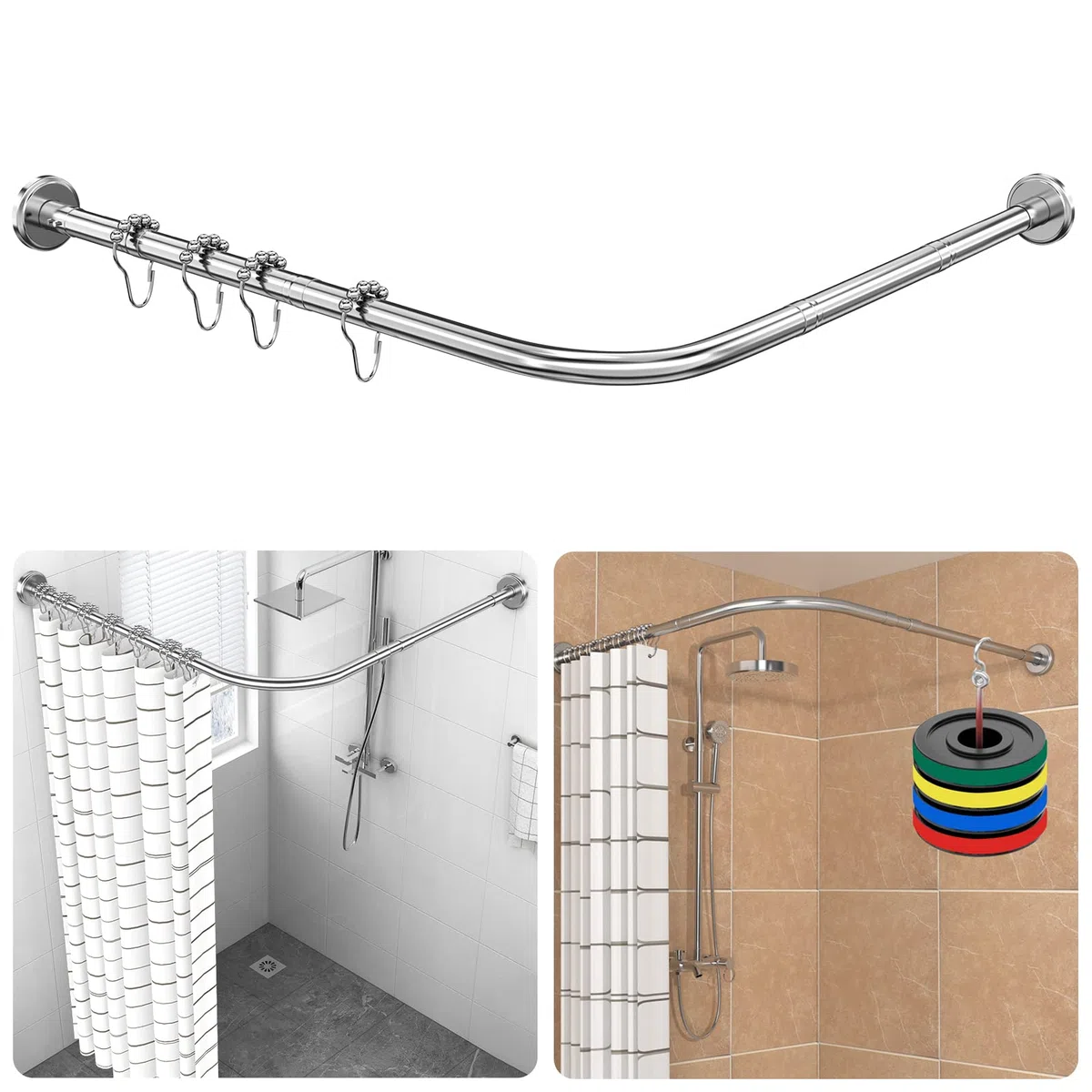 Barra de Cortina de Ducha Esquinera en Forma De L, Ajustable Barra Cortina Ducha de Inoxidable sin Taladrar Incluye 18 Anillos Extensible de 90-120×90-120cm, Sin Soporte de Techo, Para Baño - Plata