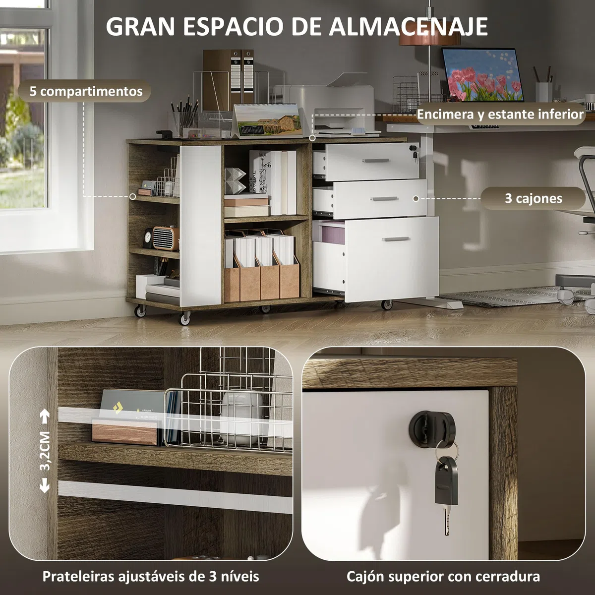 HOMCOM Cajonera de Oficina con Estación de Carga, Mueble Archivador con Ruedas, 3 Cajones, Barra Colgante, Cajonera para Escritorio con Cerradura, Estantes para Carta, A4, Legal, Marrón Grisáceo