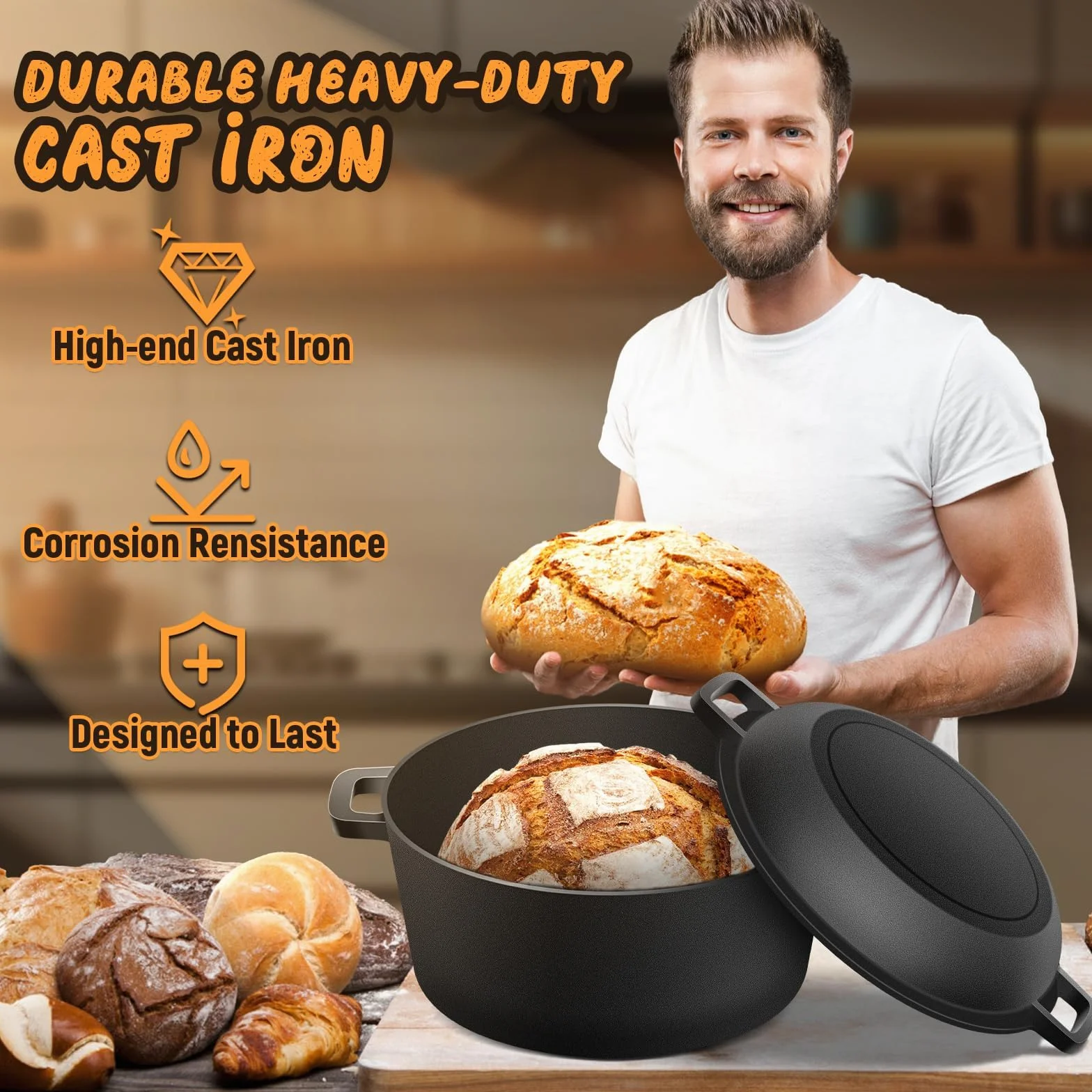 Olla de hierro fundido para hornear pan, cazuela hierro fundido Banneton pan de masa fermentada cesta de prueba de pan de pan de masa fermentada de hornear Suministros, 2 en 1 olla cast iron 4.7L