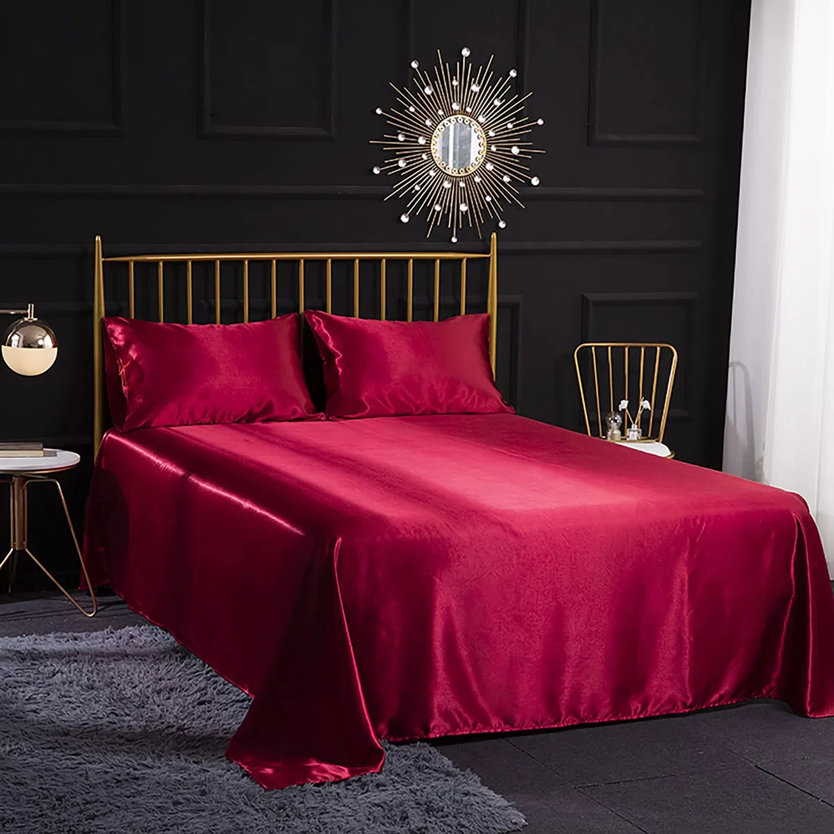 Jemiipee Juego de Sabanas de Cama Raso Color Sólido, 1 x Sábana Bajera Ajustable 180x200 cm con 35 Bolsillo Profundo, 1 x Encimera y 2 x Fundas de Almohada, Rojo Burdeos