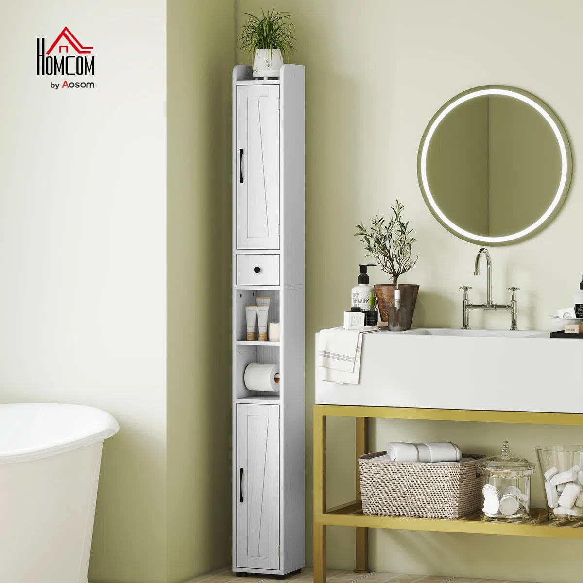 HOMCOM Columna de Baño Estrecha con 2 Puertas Armario Alto de Baño Rústico con Cajón Compartimento Abierto Estantes Ajustables y Portarrollos 20x20x185 cm Blanco