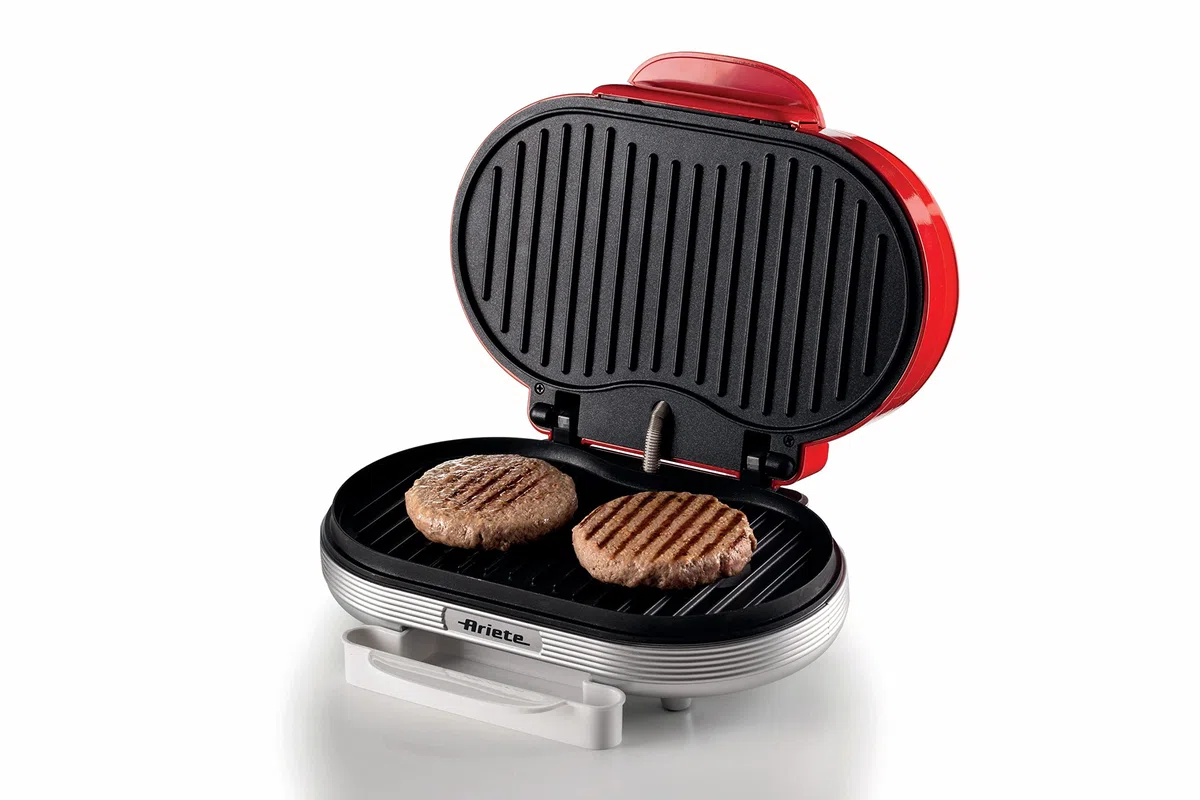 Ariete Hamburger Maker 205; rojo; 1200 W, Doble placa antiadherente, 2 compartimentos, Fácil de limpiar,